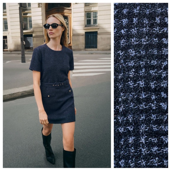 Zara Dresses & Skirts - NWT. Zara Blue Belted Textured Short Dress. Size L.